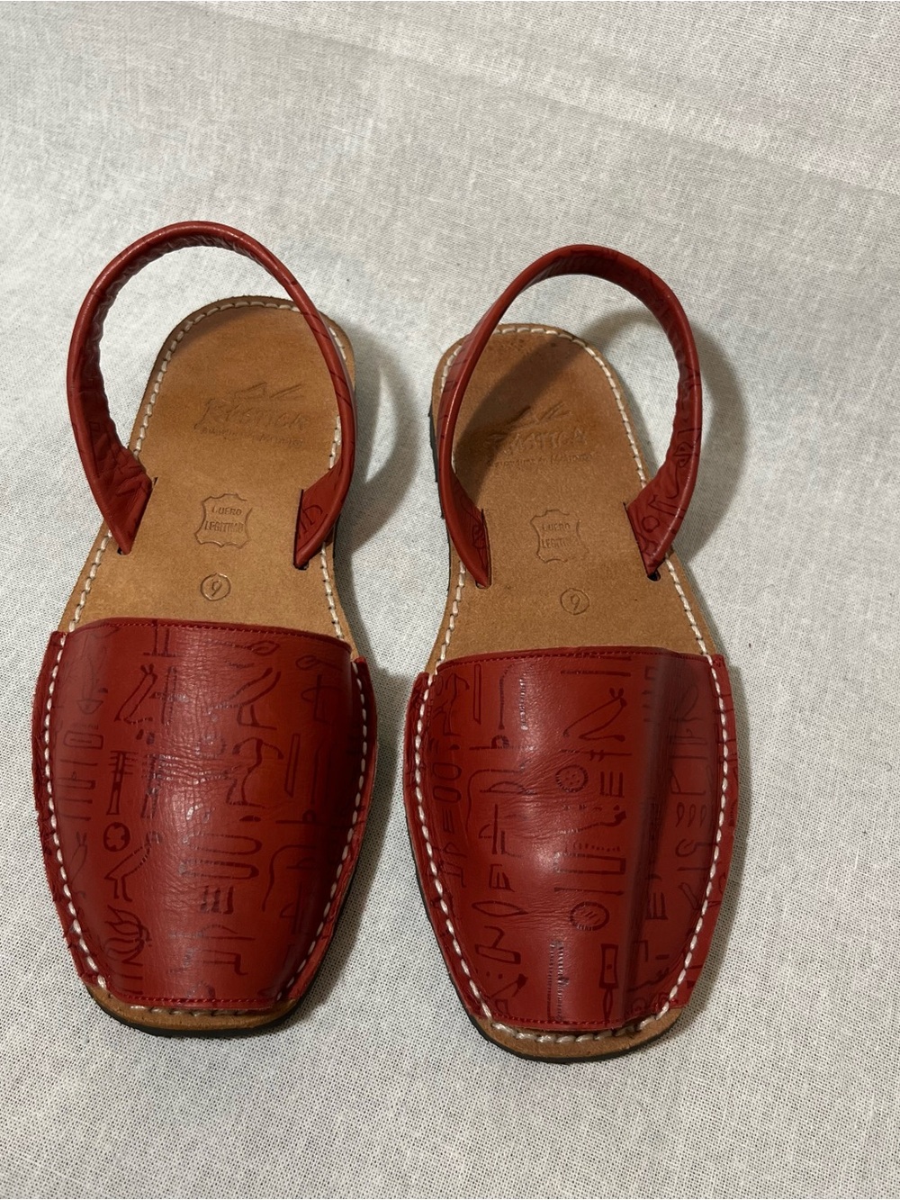 Rustica Menorquinas Size 9* Red Leather Sandals With Egyptian Hieroglyphics